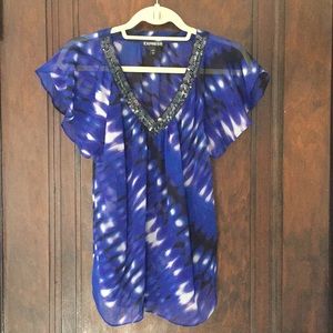 Express sheer print blouse with flutter sleeves